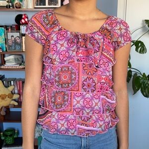 Byer California Pink Multi-Pattern Ruffle Short Sleeve Top